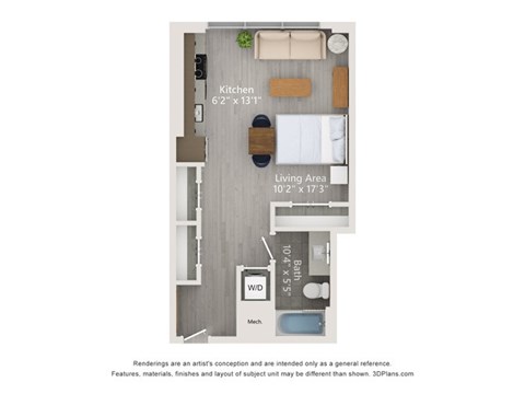 A floor plan of a small apartment with a kitchen, living area, and bathroom.